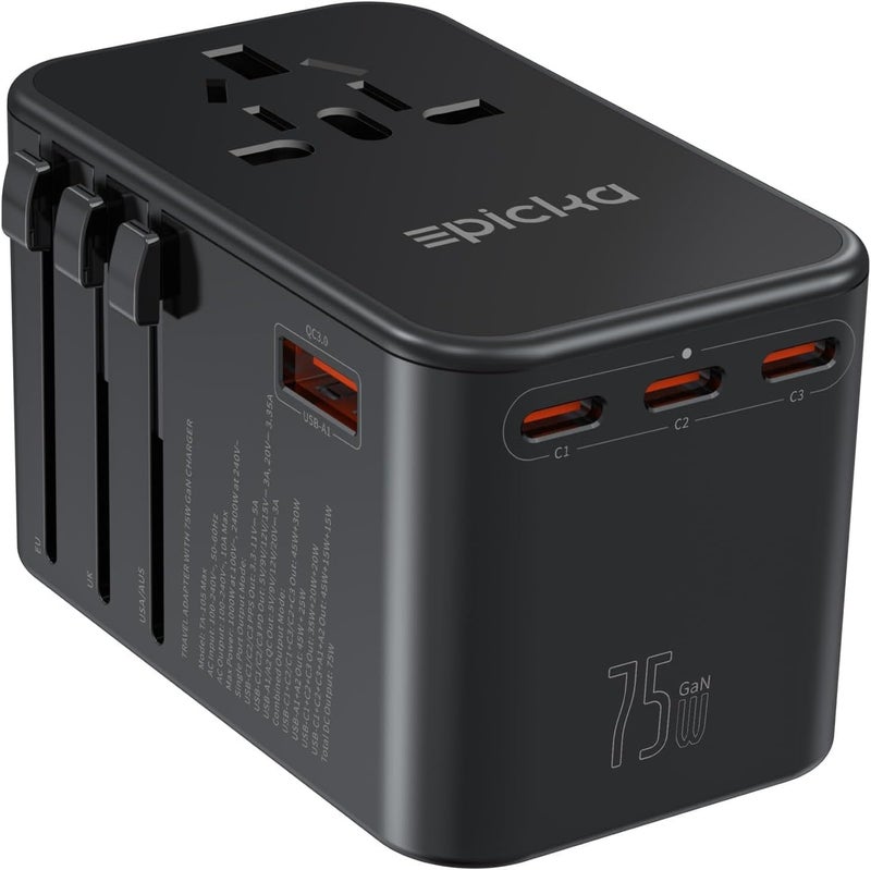 EPICKA Universal Travel Adapter, GaN 75W International Plug Adapter with 3 USB-C PD Fast Charging & 2 USB-A Quick Charging Adaptor All-in-one Wall Charger for USA EU UK AUS (TA-105 Max, Black) - Image 1